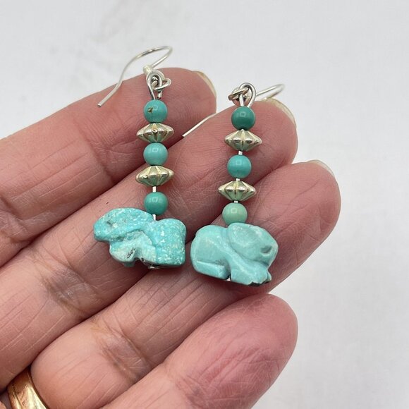 Handcrafted Turquoise Elephant Dangle Earrings With Silver Accents - Picture 4 of 5